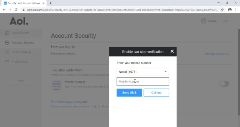 Activate 2 Step Verification in AOL Mail