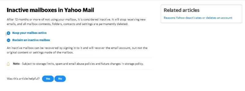 Inactive mailboxes in Yahoo