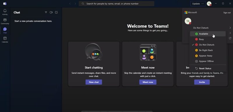 Set Available Status in Teams