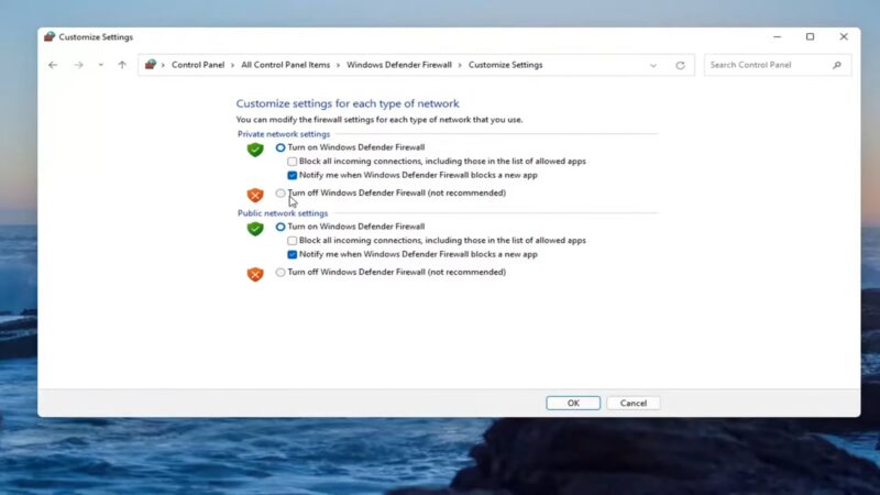 Turn Off Windows Firewall